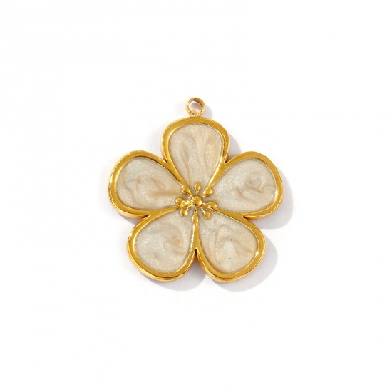 Picture of 2 PCs Eco-friendly PVD Vacuum Plating Waterproof Anti-Tarnish Hypoallergenic 304 Stainless Steel Flora Collection Charms 18K Real Gold Plated Beige Enamel Flower Pearlized 28mm x 25.5mm