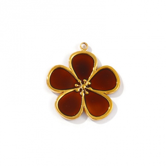 Picture of 2 PCs Eco-friendly PVD Vacuum Plating Waterproof Anti-Tarnish Hypoallergenic 304 Stainless Steel Flora Collection Charms 18K Real Gold Plated Coffee Enamel Flower 28mm x 25.5mm