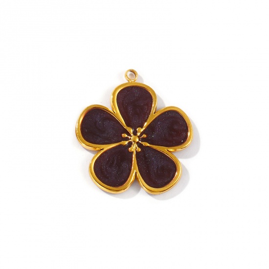 Picture of 2 PCs Eco-friendly PVD Vacuum Plating Waterproof Anti-Tarnish Hypoallergenic 304 Stainless Steel Flora Collection Charms 18K Real Gold Plated Purple Enamel Flower Pearlized 28mm x 25.5mm