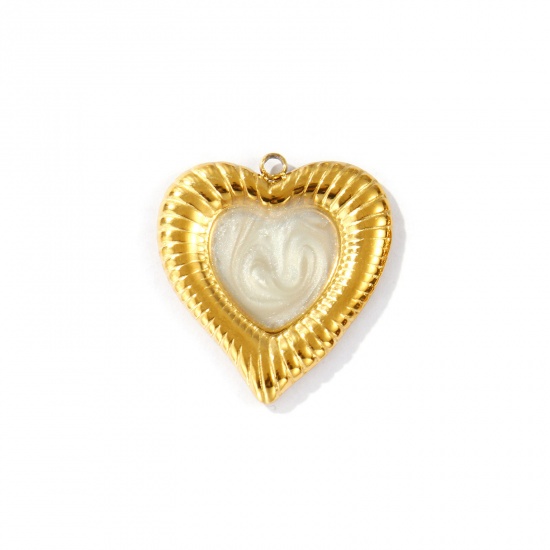 Picture of 2 PCs Eco-friendly PVD Vacuum Plating Waterproof Anti-Tarnish Hypoallergenic 304 Stainless Steel Valentine's Day Charms 18K Real Gold Plated Beige Enamel Heart 26.5mm x 24mm