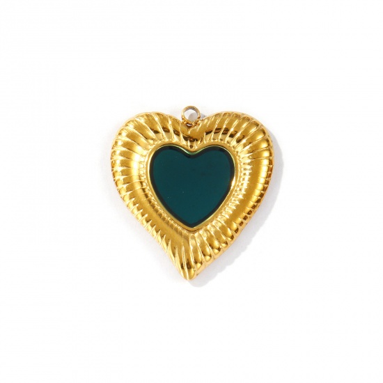 Picture of 2 PCs Eco-friendly PVD Vacuum Plating Waterproof Anti-Tarnish Hypoallergenic 304 Stainless Steel Valentine's Day Charms 18K Real Gold Plated Dark Green Enamel Heart 26.5mm x 24mm