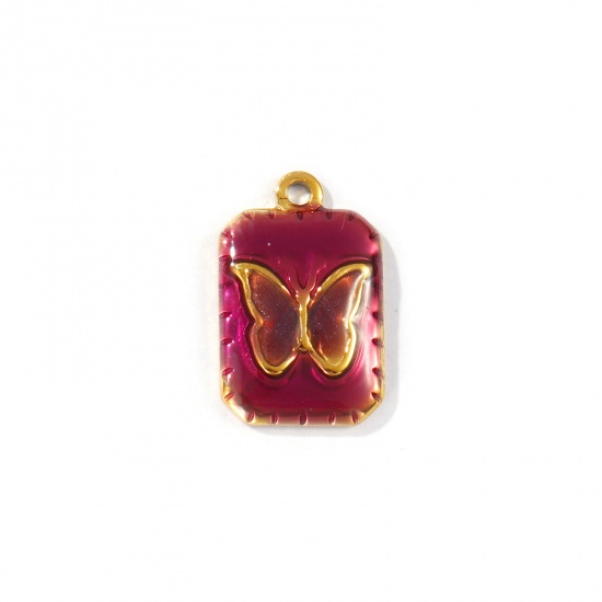 Picture of 2 PCs Eco-friendly PVD Vacuum Plating Waterproof Anti-Tarnish Hypoallergenic 304 Stainless Steel Insect Charms 18K Real Gold Plated Purple Enamel Octagon Butterfly 20.5mm x 13mm