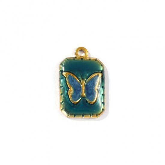 Picture of 2 PCs Eco-friendly PVD Vacuum Plating Waterproof Anti-Tarnish Hypoallergenic 304 Stainless Steel Insect Charms 18K Real Gold Plated Dark Green Enamel Octagon Butterfly 20.5mm x 13mm