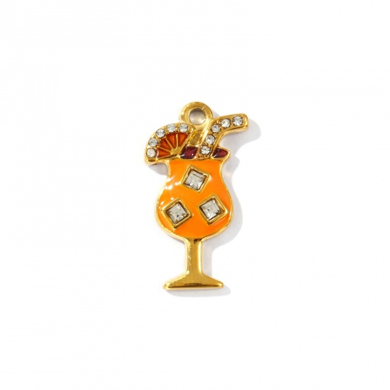 Picture of 2 PCs Eco-friendly PVD Vacuum Plating Waterproof Anti-Tarnish Hypoallergenic 304 Stainless Steel Charms 18K Real Gold Plated Multicolor Enamel Wine Glass Clear Rhinestone 24mm x 13mm