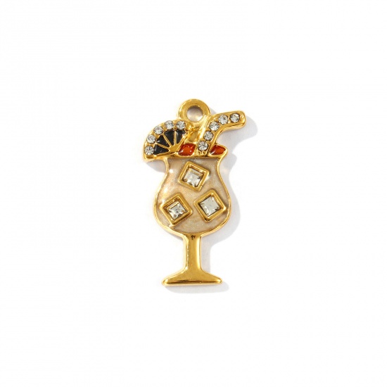 Picture of 2 PCs Eco-friendly PVD Vacuum Plating Waterproof Anti-Tarnish Hypoallergenic 304 Stainless Steel Charms 18K Real Gold Plated Multicolor Enamel Wine Glass Clear Rhinestone 24mm x 13mm