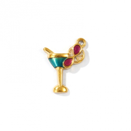 Picture of 2 PCs Eco-friendly PVD Vacuum Plating Waterproof Anti-Tarnish Hypoallergenic 304 Stainless Steel Charms 18K Real Gold Plated Multicolor Enamel Wine Glass 15mm x 12mm