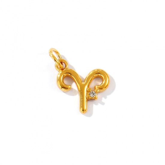 Picture of 1 Piece Eco-friendly PVD Vacuum Plating Waterproof Anti-Tarnish Hypoallergenic 304 Stainless Steel Charms 24K Real Gold Plated Aries Sign Of Zodiac Constellations Clear Cubic Zirconia 18mm x 14mm