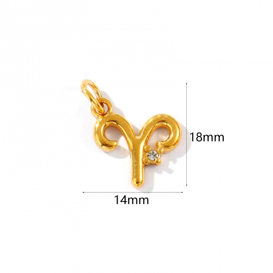 Picture of 1 Piece Eco-friendly PVD Vacuum Plating Waterproof Anti-Tarnish Hypoallergenic 304 Stainless Steel Charms 24K Real Gold Plated Aries Sign Of Zodiac Constellations Clear Cubic Zirconia 18mm x 14mm
