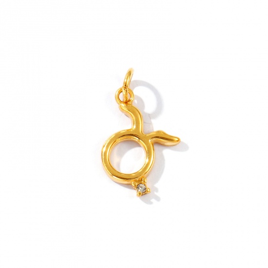 Picture of 1 Piece Eco-friendly PVD Vacuum Plating Waterproof Anti-Tarnish Hypoallergenic 304 Stainless Steel Charms 24K Real Gold Plated Taurus Sign Of Zodiac Constellations Clear Cubic Zirconia 19mm x 14mm