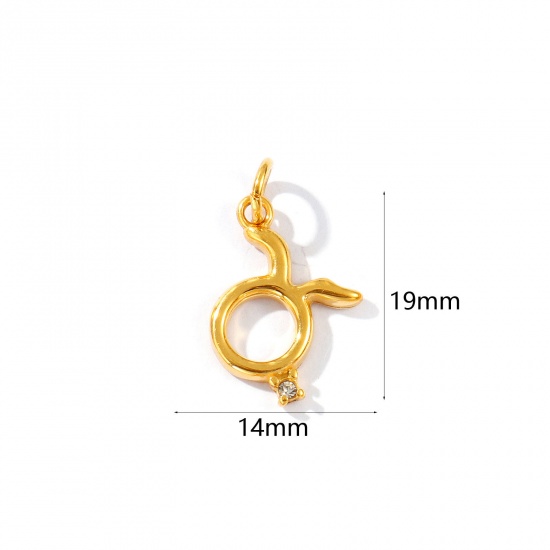 Picture of 1 Piece Eco-friendly PVD Vacuum Plating Waterproof Anti-Tarnish Hypoallergenic 304 Stainless Steel Charms 24K Real Gold Plated Taurus Sign Of Zodiac Constellations Clear Cubic Zirconia 19mm x 14mm