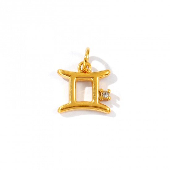 Picture of 1 Piece Eco-friendly PVD Vacuum Plating Waterproof Anti-Tarnish Hypoallergenic 304 Stainless Steel Charms 24K Real Gold Plated Gemini Sign Of Zodiac Constellations Clear Cubic Zirconia 17mm x 13mm