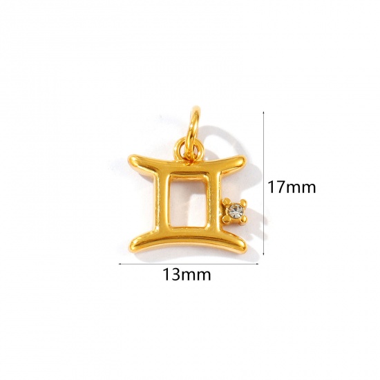 Picture of 1 Piece Eco-friendly PVD Vacuum Plating Waterproof Anti-Tarnish Hypoallergenic 304 Stainless Steel Charms 24K Real Gold Plated Gemini Sign Of Zodiac Constellations Clear Cubic Zirconia 17mm x 13mm