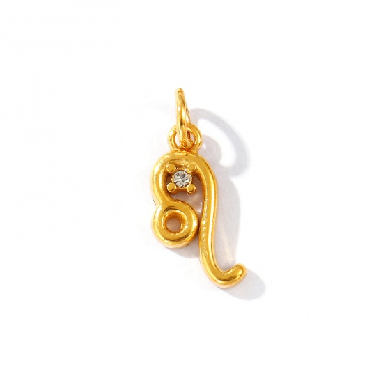 Picture of 1 Piece Eco-friendly PVD Vacuum Plating Waterproof Anti-Tarnish Hypoallergenic 304 Stainless Steel Charms 24K Real Gold Plated Leo Sign Of Zodiac Constellations Clear Cubic Zirconia 21mm x 9mm