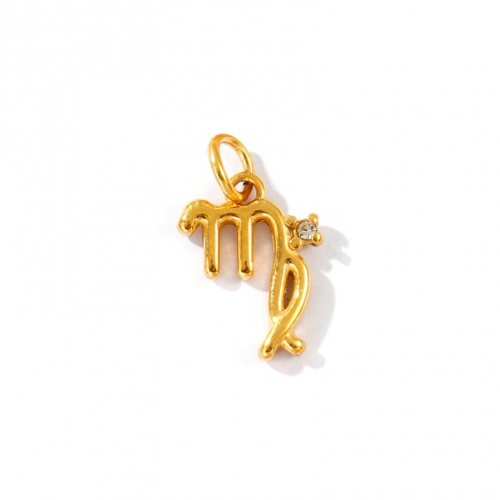 Picture of 1 Piece Eco-friendly PVD Vacuum Plating Waterproof Anti-Tarnish Hypoallergenic 304 Stainless Steel Charms 24K Real Gold Plated Virgo Sign Of Zodiac Constellations Clear Cubic Zirconia 20mm x 12mm