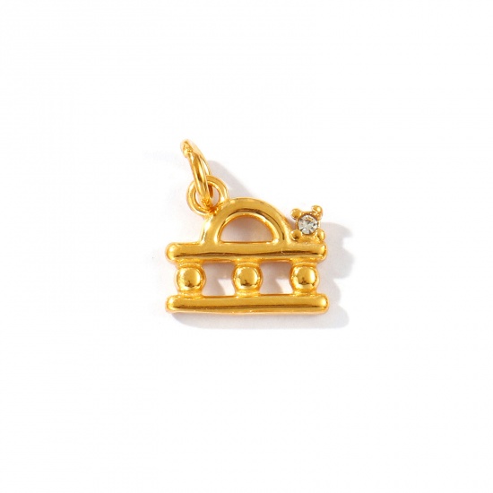 Picture of 1 Piece Eco-friendly PVD Vacuum Plating Waterproof Anti-Tarnish Hypoallergenic 304 Stainless Steel Charms 24K Real Gold Plated Libra Sign Of Zodiac Constellations Clear Cubic Zirconia 16mm x 13mm