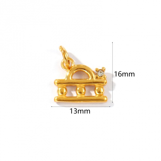 Picture of 1 Piece Eco-friendly PVD Vacuum Plating Waterproof Anti-Tarnish Hypoallergenic 304 Stainless Steel Charms 24K Real Gold Plated Libra Sign Of Zodiac Constellations Clear Cubic Zirconia 16mm x 13mm