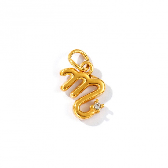 Picture of 1 Piece Eco-friendly PVD Vacuum Plating Waterproof Anti-Tarnish Hypoallergenic 304 Stainless Steel Charms 24K Real Gold Plated Scorpio Sign Of Zodiac Constellations Clear Cubic Zirconia 17mm x 14mm