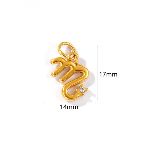 Picture of 1 Piece Eco-friendly PVD Vacuum Plating Waterproof Anti-Tarnish Hypoallergenic 304 Stainless Steel Charms 24K Real Gold Plated Scorpio Sign Of Zodiac Constellations Clear Cubic Zirconia 17mm x 14mm