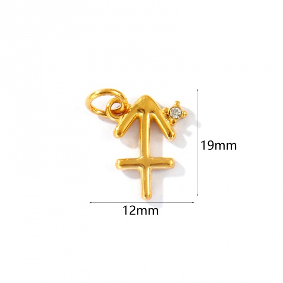Picture of 1 Piece Eco-friendly PVD Vacuum Plating Waterproof Anti-Tarnish Hypoallergenic 304 Stainless Steel Charms 24K Real Gold Plated Sagittarius Sign Of Zodiac Constellations Clear Cubic Zirconia 19mm x 12mm