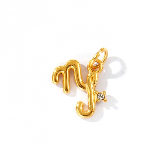Picture of 1 Piece Eco-friendly PVD Vacuum Plating Waterproof Anti-Tarnish Hypoallergenic 304 Stainless Steel Charms 24K Real Gold Plated Capricornus Sign Of Zodiac Constellations Clear Cubic Zirconia 19mm x 13mm