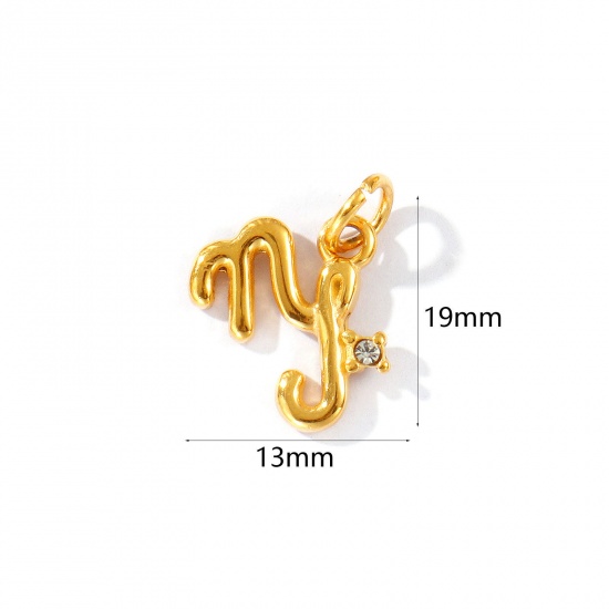 Picture of 1 Piece Eco-friendly PVD Vacuum Plating Waterproof Anti-Tarnish Hypoallergenic 304 Stainless Steel Charms 24K Real Gold Plated Capricornus Sign Of Zodiac Constellations Clear Cubic Zirconia 19mm x 13mm