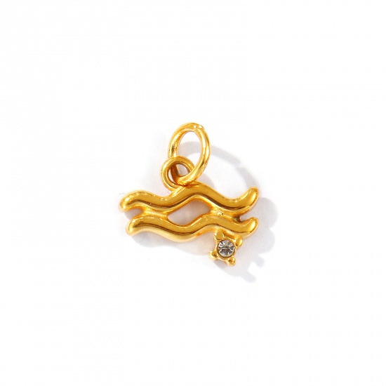Picture of 1 Piece Eco-friendly PVD Vacuum Plating Waterproof Anti-Tarnish Hypoallergenic 304 Stainless Steel Charms 24K Real Gold Plated Aquarius Sign Of Zodiac Constellations Clear Cubic Zirconia 15mm x 14mm