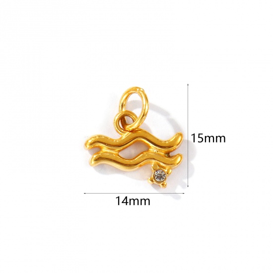 Picture of 1 Piece Eco-friendly PVD Vacuum Plating Waterproof Anti-Tarnish Hypoallergenic 304 Stainless Steel Charms 24K Real Gold Plated Aquarius Sign Of Zodiac Constellations Clear Cubic Zirconia 15mm x 14mm