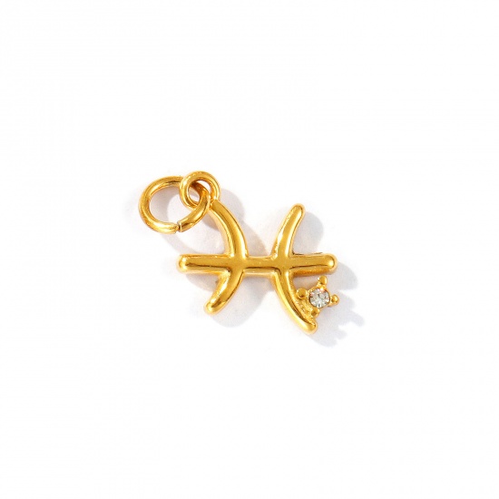 Picture of 1 Piece Eco-friendly PVD Vacuum Plating Waterproof Anti-Tarnish Hypoallergenic 304 Stainless Steel Charms 24K Real Gold Plated Pisces Sign Of Zodiac Constellations Clear Cubic Zirconia 18mm x 14mm