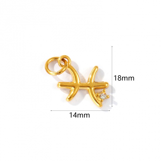 Picture of 1 Piece Eco-friendly PVD Vacuum Plating Waterproof Anti-Tarnish Hypoallergenic 304 Stainless Steel Charms 24K Real Gold Plated Pisces Sign Of Zodiac Constellations Clear Cubic Zirconia 18mm x 14mm