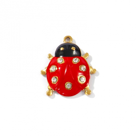 Picture of 2 PCs Eco-friendly PVD Vacuum Plating 304 Stainless Steel Insect Charms 18K Gold Plated Red Enamel Ladybug Animal Clear Rhinestone 22mm x 20mm