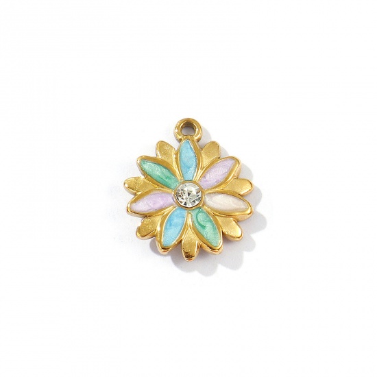 Picture of 2 PCs Eco-friendly PVD Vacuum Plating 304 Stainless Steel Flora Collection Charms 18K Gold Plated Multicolor Enamel Daisy Flower Pearlized Clear Rhinestone 17mm x 14.5mm
