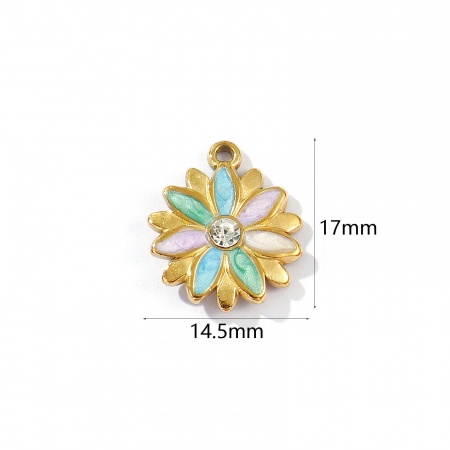 Imagen de 2 Unidades Recubrimiento al Vacío PVD Ecológico 304 Acero Inoxidable Colección Flora Colgantes Chapado en Oro de 18K Multicolor Esmalte Margarita Perlado Transparente Rhinestone 17mm x 14.5mm
