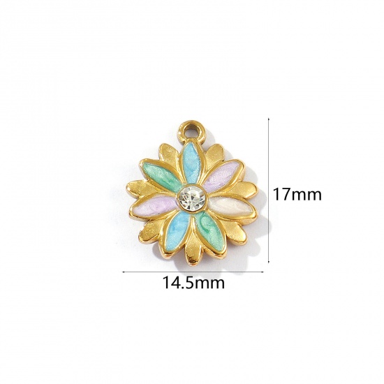 Picture of 2 PCs Eco-friendly PVD Vacuum Plating 304 Stainless Steel Flora Collection Charms 18K Gold Plated Multicolor Enamel Daisy Flower Pearlized Clear Rhinestone 17mm x 14.5mm