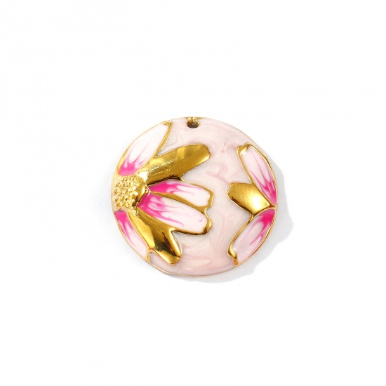 Picture of 2 PCs Eco-friendly PVD Vacuum Plating 304 Stainless Steel Flora Collection Charms 18K Gold Plated Light Pink Enamel Round Daisy Flower Pearlized 24mm Dia.
