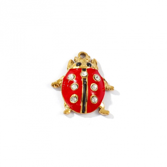 Picture of 2 PCs Eco-friendly PVD Vacuum Plating 304 Stainless Steel Insect Charms 18K Gold Plated Red Enamel Ladybug Animal Clear Rhinestone 20mm x 19mm