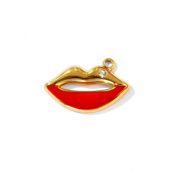 Picture of 2 PCs Eco-friendly PVD Vacuum Plating 304 Stainless Steel Charms 18K Gold Plated Red Enamel Lip Clear Rhinestone 23mm x 15mm