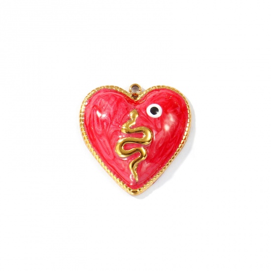 Picture of 2 PCs Eco-friendly PVD Vacuum Plating 304 Stainless Steel Valentine's Day Charms 18K Gold Plated Red Enamel Heart Evil Eye Pearlized 25.5mm x 25mm