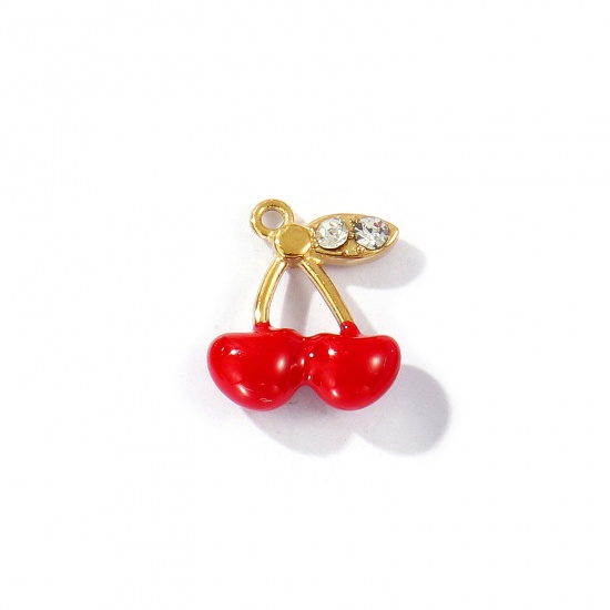 Picture of 2 PCs Eco-friendly PVD Vacuum Plating 304 Stainless Steel Flora Collection Charms 18K Gold Plated Red Enamel Cherry Fruit Clear Rhinestone 13mm x 11mm