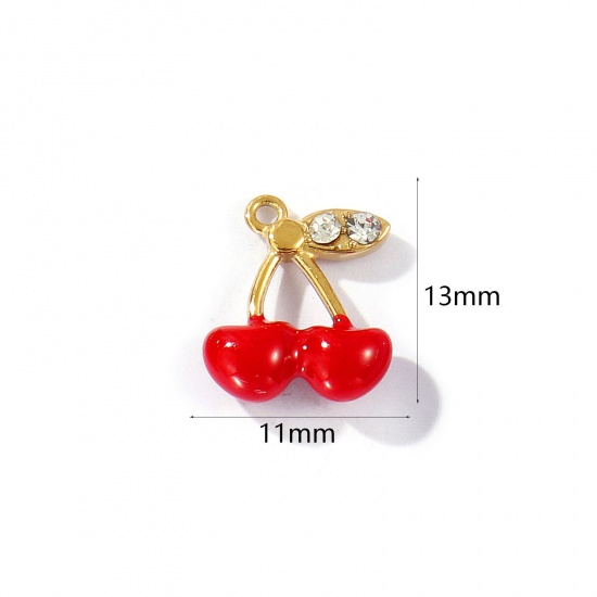 Picture of 2 PCs Eco-friendly PVD Vacuum Plating 304 Stainless Steel Flora Collection Charms 18K Gold Plated Red Enamel Cherry Fruit Clear Rhinestone 13mm x 11mm
