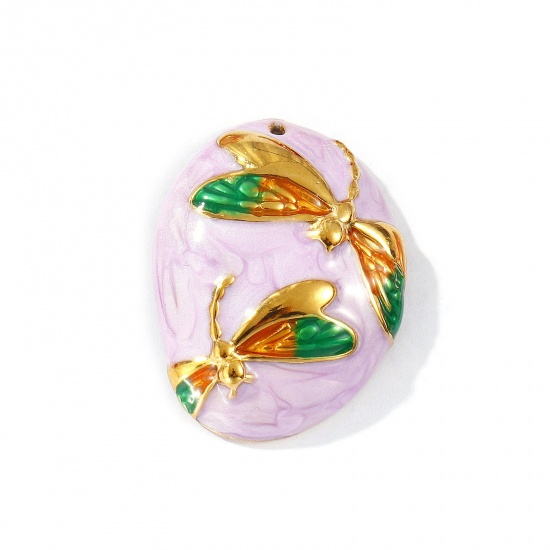 Picture of 2 PCs Eco-friendly PVD Vacuum Plating 304 Stainless Steel Insect Pendants 18K Gold Plated Multicolor Enamel Dragonfly Pearlized 3.3cm x 2.5cm