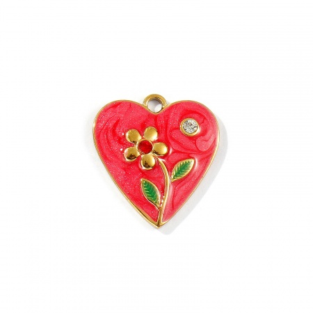 Imagen de 2 Unidades Recubrimiento al Vacío PVD Ecológico 304 Acero Inoxidable día de San Valentín Colgantes Chapado en Oro de 18K Rojo Esmalte Corazón Flor Perlado Transparente Rhinestone 20mm x 19mm