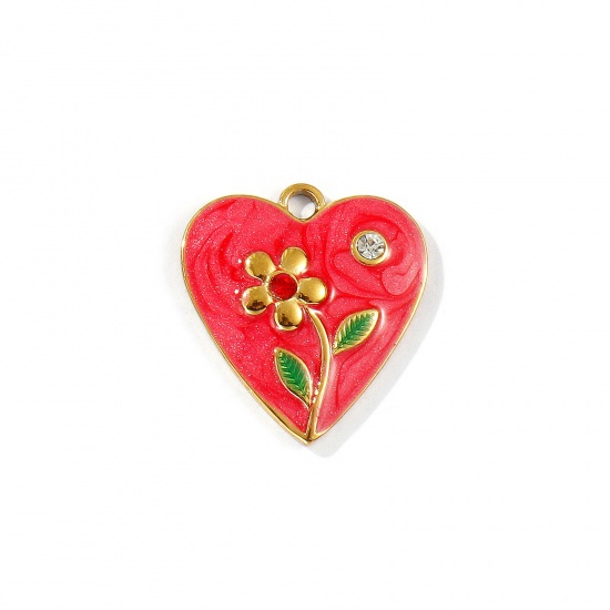 Picture of 2 PCs Eco-friendly PVD Vacuum Plating 304 Stainless Steel Valentine's Day Charms 18K Gold Plated Red Enamel Heart Flower Pearlized Clear Rhinestone 20mm x 19mm