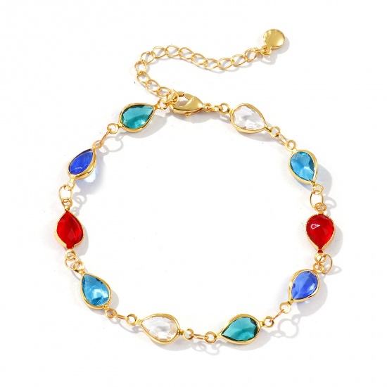 Изображение 1 Piece Sweet & Cute Exquisite 18K Gold Plated Multicolor Brass & Glass Handmade Link Chain Drop Bracelets For Women Gift 18cm(7.1") long