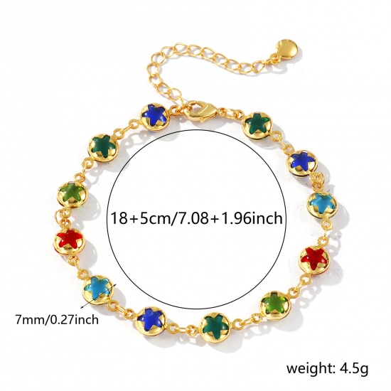 Изображение 1 Piece Sweet & Cute Exquisite 18K Gold Plated Multicolor Brass & Glass Handmade Link Chain Pentagram Star Bracelets For Women Gift 18cm(7.1") long