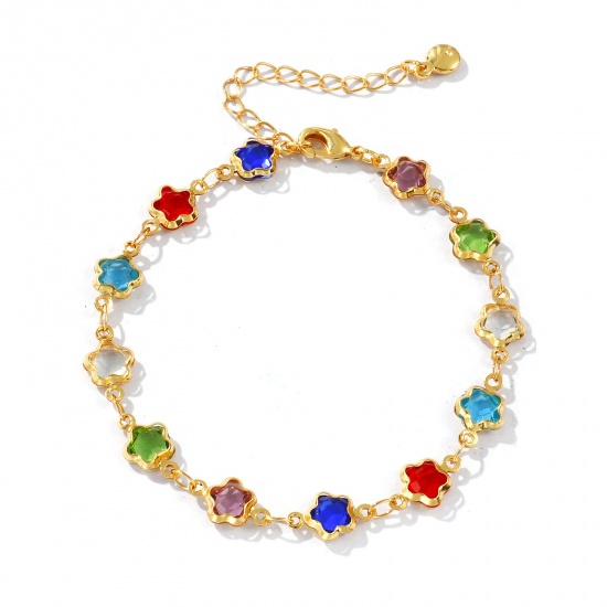 Изображение 1 Piece Sweet & Cute Exquisite 18K Gold Plated Multicolor Brass & Glass Handmade Link Chain Flower Bracelets For Women Gift 18cm(7.1") long