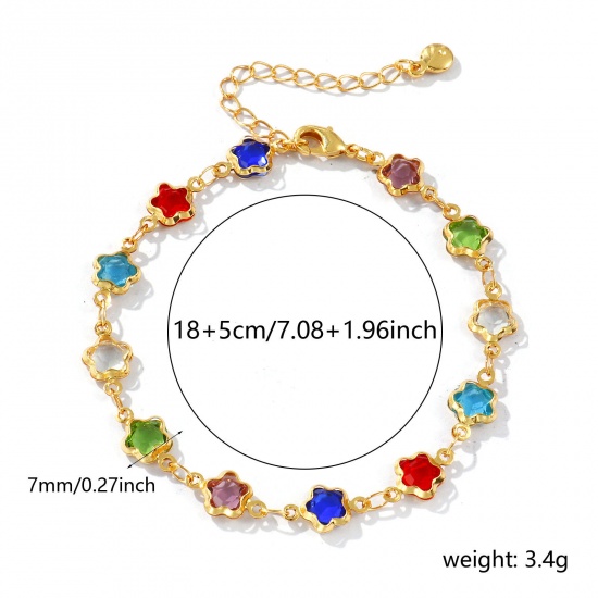 Изображение 1 Piece Sweet & Cute Exquisite 18K Gold Plated Multicolor Brass & Glass Handmade Link Chain Flower Bracelets For Women Gift 18cm(7.1") long