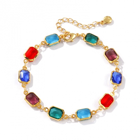 Изображение 1 Piece Sweet & Cute Exquisite 18K Gold Plated Multicolor Brass & Glass Handmade Link Chain Octagon Bracelets For Women Gift 18cm(7.1") long