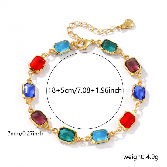 Изображение 1 Piece Sweet & Cute Exquisite 18K Gold Plated Multicolor Brass & Glass Handmade Link Chain Octagon Bracelets For Women Gift 18cm(7.1") long