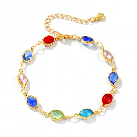 Изображение 1 Piece Sweet & Cute Exquisite 18K Gold Plated Multicolor Brass & Glass Handmade Link Chain Oval Bracelets For Women Gift 18cm(7.1") long