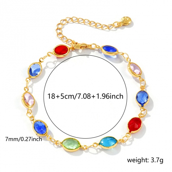 Изображение 1 Piece Sweet & Cute Exquisite 18K Gold Plated Multicolor Brass & Glass Handmade Link Chain Oval Bracelets For Women Gift 18cm(7.1") long